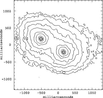 Contour plot of the image of $\zeta$ Bo\"{o}tis. Contour levels at0.1, 0.2, 0.5, 1, 2, 5, 10, 20, 40, 60, 80\% peak intensity.